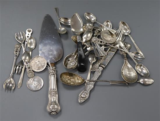 Two sets of six silver coffee spoons and a quantity of other mixed flatware and other items including coins etc.